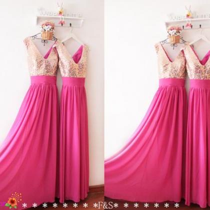 bridesmaid dress sequin silver champagne neck gold fuchsia pink chiffon
